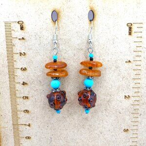 Lampwork Glass Beads Amber Turquoise Color Handmade Pierced Earrings LA107